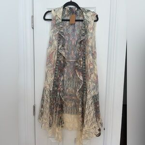 Origami Boho Lace Ruffle Duster Vest - Cream Multi